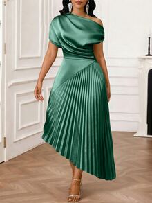 SHEIN Lady Plus Size Elegant One Shoulder Pleated Elegant Dress - Green - View 3