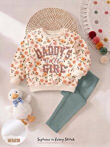 柔霧綠色可愛甜美字母「Daddy's Girl」❤ 波希米亞柔美花卉圖案，少女休閒舒適寬鬆圓領衛衣＋內搭褲2件套，適合秋冬日常、校園、親子、姊妹穿搭，秋意氛圍，新季節新風格新套裝 - 彩色 - 查看 4