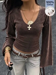 SHEIN EZwear 女款素色休閒日常長袖T恤 - 棕色 - 查看 5