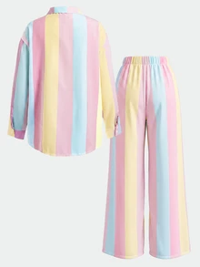 SHEIN Tween女孩彩色條紋Logo印花學院風寬鬆長袖上衣與寬腿褲2件套返校休閒套裝 - 粉色 - 查看 6