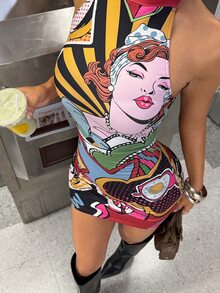 StreetHx Petite Gaun Mini Pendek Seksi Motif Pop Art Wanita untuk Pesta Malam di Klub, Warna Hitam dan Kuning, Cocok untuk Musim Panas - MultiWarna - View 5