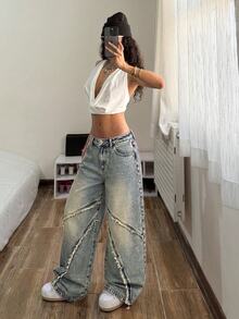 StreetHx Button Pocket Loose Low Waist Curved Leg Denim Jeans,Fall/Winter - Dark Wash - View 6
