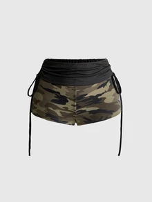 ROMWE J-Fashion Y2K Sexy Hot Girl Striped Batwing Sleeve Ruched Drawstring Off-Shoulder Women's Set - Army Green - View 11