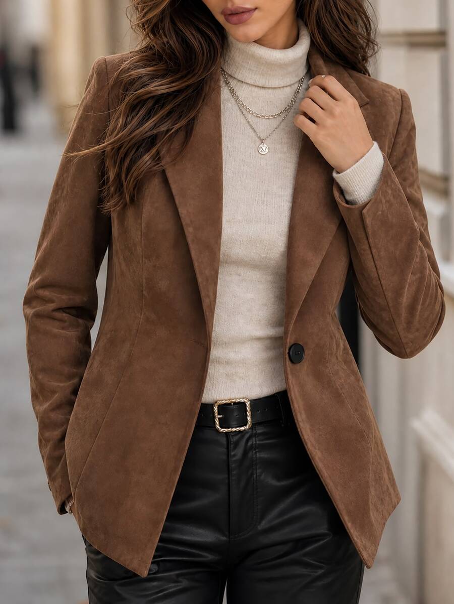 Editum Women's Elegant Fashion Button Long Sleeve Business Blazer - Brown - View 1