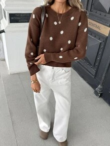 Pariaura French Sweet Style Vintage Colorblock Polka Dot Jacquard Slimming Slouchy Round Neck Pullover Sweater - Coffee Brown - View 3
