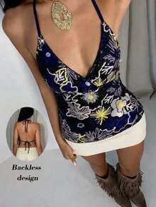 SHEIN Unity 女款深藍色亮片刺繡細肩帶露背背心，時尚性感度假上衣，亮片刺繡派對夜店夏季上衣 - 藍色 - 查看 6