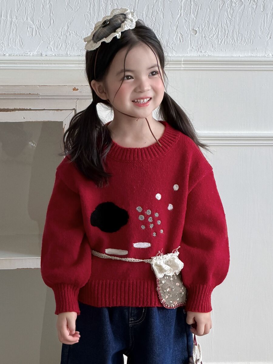 Dazy Kids 女童對比色圓領落肩長袖休閒針織衫 - 紅色 - 查看 1