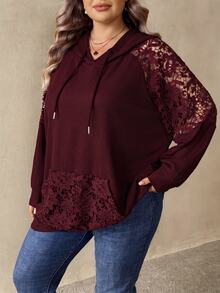SHEIN CURVE+ Plus Size Women's Solid Green Lace-Trimmed Raglan Sleeve Drawstring Hooded Sweatshirt Fall - Burgundy - View 5