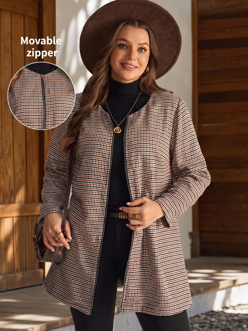 Plus Size Plaid Long Sleeve Zip Front Casual Jacket Fall Winter 2026