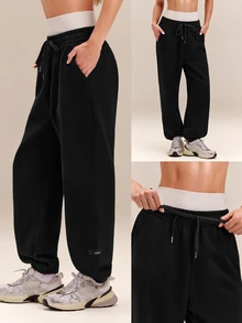 GLOWMODE Heavyweight Fleece Petite 26" Slow Days Oversized Joggers With Adjustable Drawstring Waist & Side Pockets Daily Casual Winter - Black - View 8