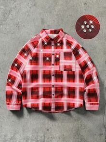 ROMWE MEN American Street Style Printed Striped Plaid Long Sleeve Shirt Unisex Retro High Street Rhinestone Letter Pocket Loose Lapel Casual Shirt - Multicolor - View 1