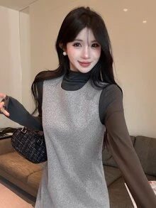 DAZY Autumn/Winter Grey Sleeveless A-Line Wool Tank Dress, Slim Fit Elegant Date Commute Wedding Women's Short Dress - Grey - View 8
