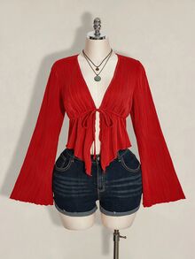 SHEIN ICON Women's Plus Size Textured Front Tie Top - Red - View 3