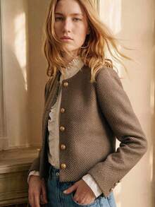 Écloséra Vintage French Elegant Beige Herringbone Tweed Short Jacket, Collarless Round Neck Design, Placket Cuffs Office Everyday Jeans Autumn - Brown - View 3