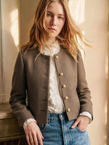Écloséra Vintage French Elegant Beige Herringbone Tweed Short Jacket, Collarless Round Neck Design, Placket Cuffs Office Everyday Jeans Autumn - Brown - View 4