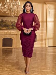 Fleurora Women's Solid Color Contrast Mesh Lantern Sleeve Pleated Elegant Mid-Length Dress - Burgundy - View 7