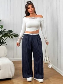 SHEIN EZwear Plus Size Women's Striped Wide Leg Loose Casual Suit Pants - Blue and White - View 5