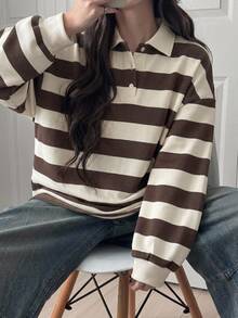 FRIFUL Women's Striped Polo Collar Casual Drop Shoulder Long Sleeve Loose Fit T-Shirt Fall - Brown - View 3