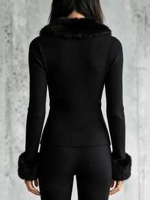 Trelyra Casual Elegant French Style Versatile Top All-Match Daily Commute Night Out Going Out Outing Fur Collar Black Autumn/Winter Vintage Renaissance - Black - View 3