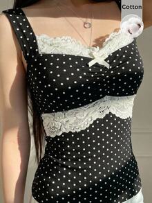CovetEZ Women's Contrast Lace Bowknot Decor Polka Dot Print Tank Top - Black and White - View 6