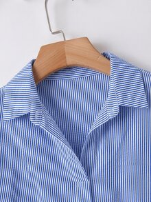 SHEIN CURVE+ 大尺碼休閒通勤條紋襯衫 - 水鴨藍 - 查看 4