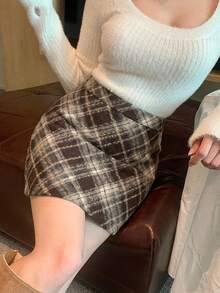 DAZY 女款復古格紋A字百搭迷你裙 - 彩色 - 查看 3