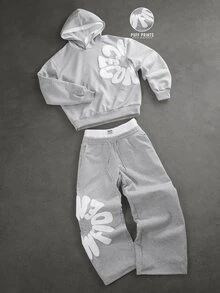 SLATEMANN Men's Letter Print Hoodie And Sweatpants Set - Grey - View 1