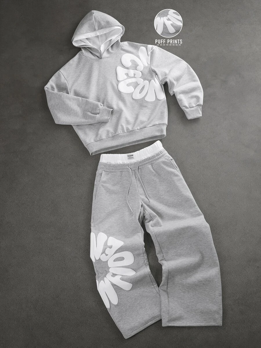 SLATEMANN Men's Letter Print Hoodie And Sweatpants Set - Grey - View 1