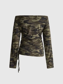 ROMWE J-Fashion Y2K Sexy Hot Girl Striped Batwing Sleeve Ruched Drawstring Off-Shoulder Women's Set - Army Green - View 7