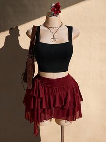 SHEIN ICON 女款大尺碼綁帶荷葉邊下擺迷你裙 - 酒紅色 - 查看 3