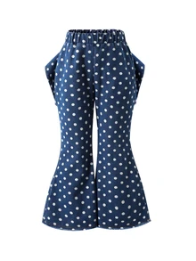 波點牛仔喇叭褲附後方蝴蝶結、毛邊褲腳，兒童春秋休閒套裝，女孩時尚日常穿搭 - 藍色 - 查看 3