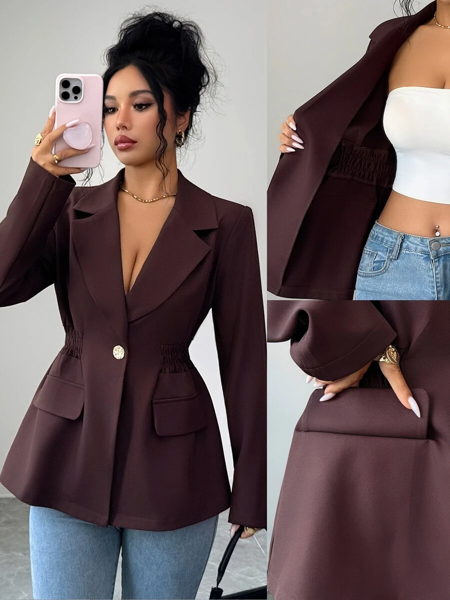 SHEIN Women's Dark Brown Notch Lapel Blazer, Single Gold Button, Ruched Waist, Slim Fit, Long Sleeve, Elegant Office Suit Jacket - Brown - View 1