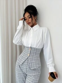Elenzga Bộ 2 món công sở thanh lịch gồm áo sơ mi cài nút phối màu tương phản và quần dài chuyên nghiệp - Đen và trắng - Xem 7
