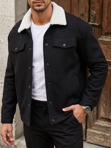 Manfinity CasualCool 2026新款男士新年聖誕萬聖節假期禮物休閒時尚設計極簡優雅百搭寬鬆黑色羊毛白色人造毛領長袖保暖毛衣 - 黑與白 - 查看 6