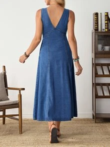 EMERY ROSE Women's Deep V-Neck Pocket Elegant Sleeveless Denim Dress - Blue - View 5