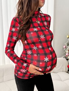 SHEIN Fall Clothes Casual Tops For Women Christmas Party Red Tops Maternity Plaid Snowflake Print High Neck Long Sleeve T-Shirt - Red - View 3