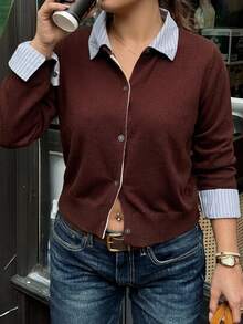 Dazy Plus Colorblock Patchwork Shirt Collar Fashion Casual Cardigan Sweater, Autumn/Winter Plus Size Women's Open Front - Burgundy - View 3