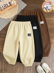 SHEIN 3件組小男孩休閒彈性腰抓絨運動長褲，兒童慢跑褲百搭多件裝 - 彩色 - 查看 7