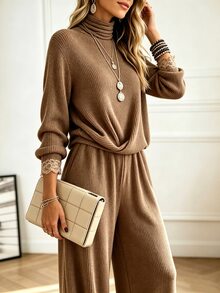 Holdful Holdful Women's Solid Color Long Sleeve Top And Pants Casual Daily 2 Pieces Set - Brown - View 6