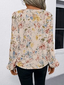 SHEIN LUNE 四季通用印花優雅圓領小V領簡約女款長袖套頭上衣 - 彩色 - 查看 8