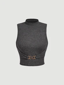 SHEIN MOD Women's 2pcs Ribbed Knit Solid Metal Buckle Mock Neck Sleeveless Slim Fit Crop Tank Top Set Black Grey Coquette Sweet Y2K For Christmas Party Fall - Multicolor - View 5