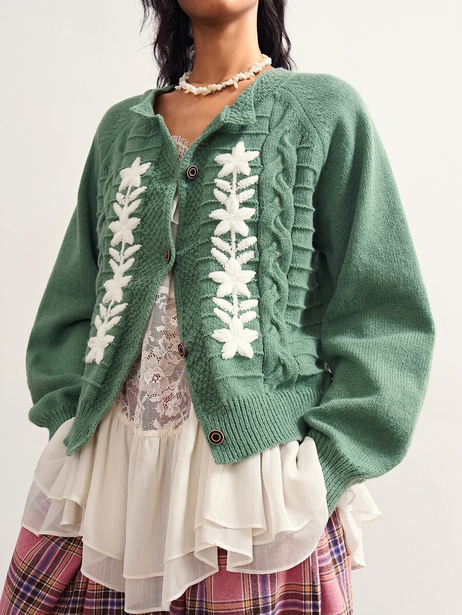 Bohemela Women's Applique Raglan Long Sleeve Casual Knit Cardigan - Green - View 1