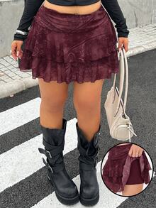Muchica Plus Size Floral Print Ruffle Hem Skort - Burgundy - View 6