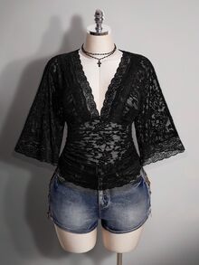 SHEIN ICON Women's Halloween Black Lace Wrap Flutter Sleeve Deep V Neck Sexy Black Gothic French Lace Patchwork Sheer Top For Date - Black - View 4