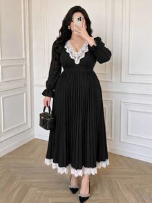 Vibekara Plus Size Women's Lace Patchwork Pleated Elegant Waist-Cinching Party Dress Fall - Black - View 4
