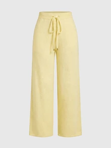 ROMWE Kawaii Shoulder Strap V-Neck Lace Strap Loose Wide Leg Pants Comfortable Home Wear Women's Sweater 2 Pieces Set - Light Yellow - View 8