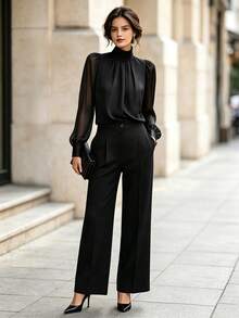 SHEIN Ladies' Luxurious Black Satin V-Neck Semi-Transparent Long-Sleeved Top With Mid-Rise Pants Set, Elegant Ladies' Two Pieces Set - Black - View 5
