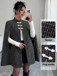 Elenzga Women New Chinese Style Stand Collar Frog Button Tweed Cape Coat, Black White Plaid Elegant Party Poncho Outerwear Autumn Winter - Black and White - View 1