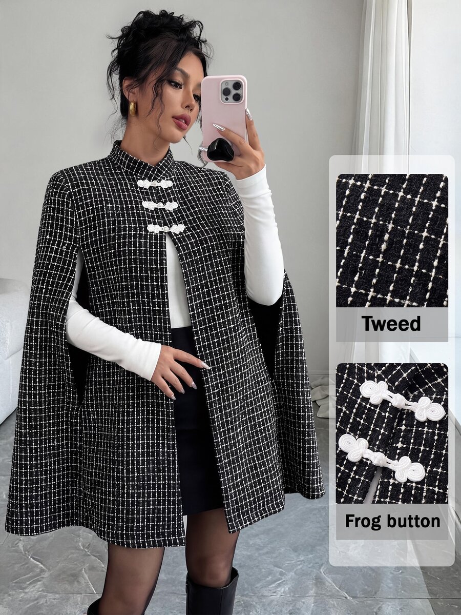 Elenzga Women New Chinese Style Stand Collar Frog Button Tweed Cape Coat, Black White Plaid Elegant Party Poncho Outerwear Autumn Winter - Black and White - View 1