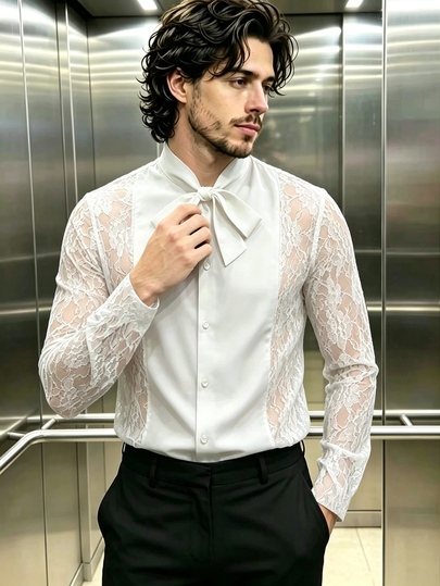 ZURIURI Men's Lace Sheer Bowknot Collar Shirt